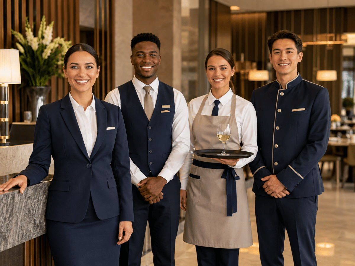 Hospitality staff wearing professional custom uniforms in Abu Dhabi