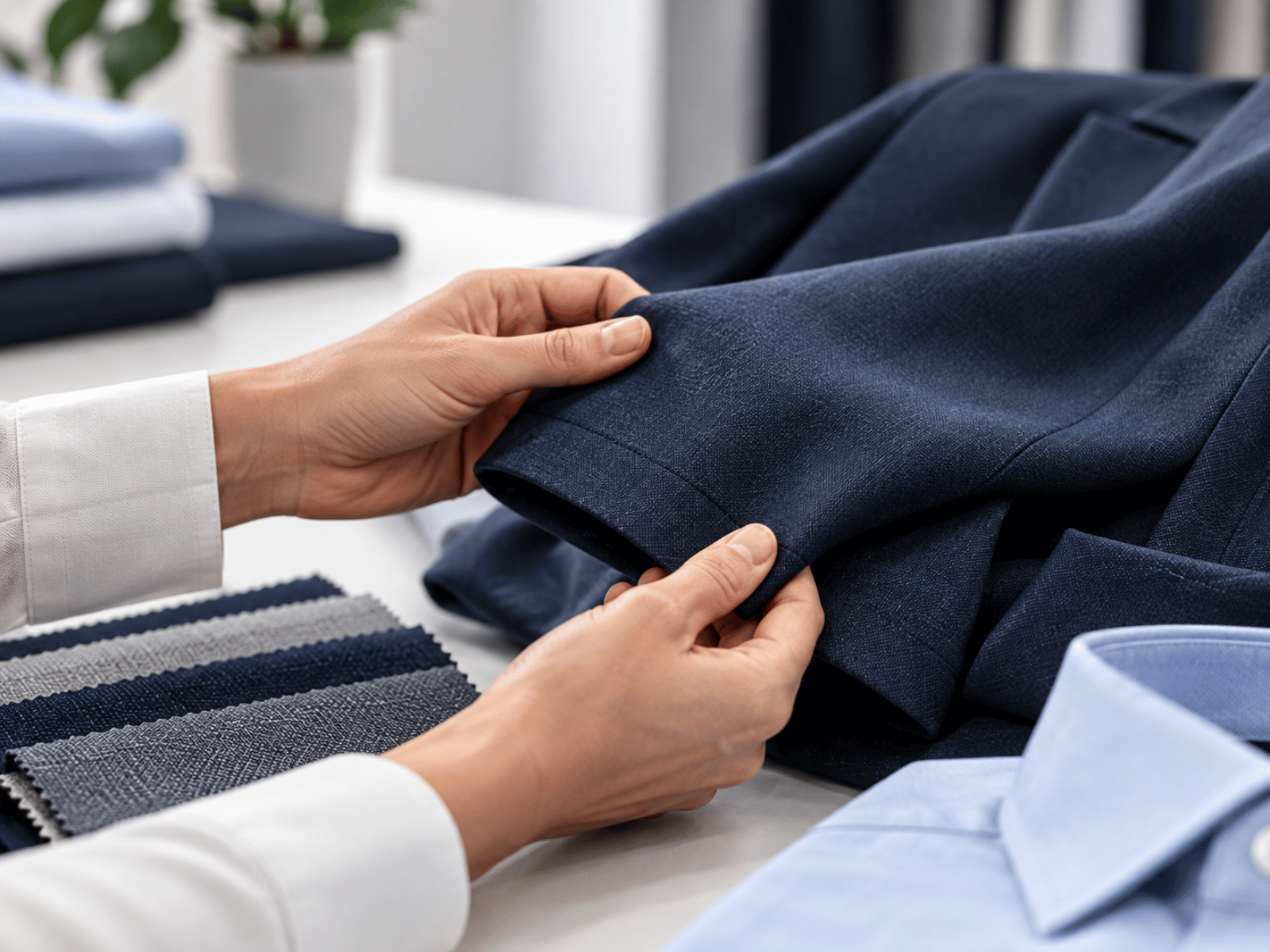 Close-up of corporate uniform fabric and fit details in Abu Dhabi