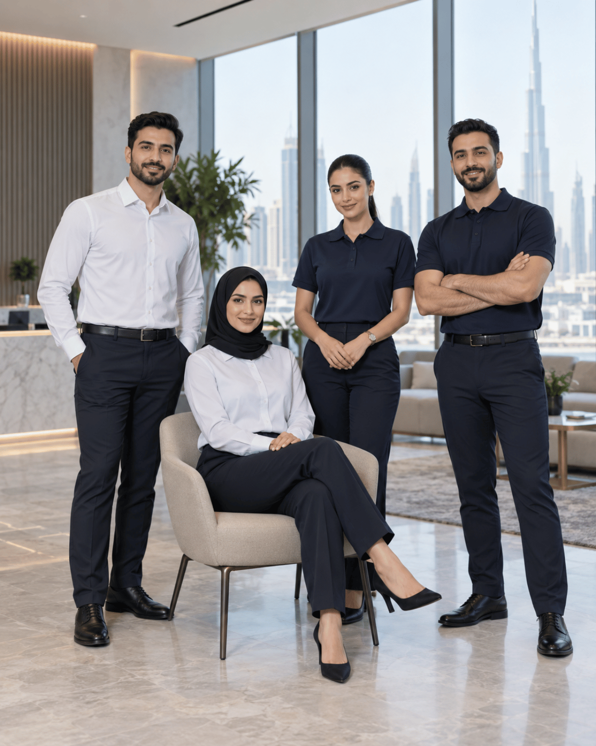 Professional team wearing coordinated corporate uniforms in Abu Dhabi