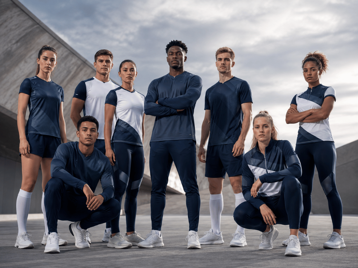 Team wearing coordinated custom sportswear and teamwear