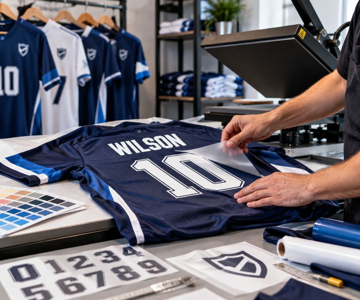 Custom sportswear teamwear branding in progress on a jersey in Abu Dhabi