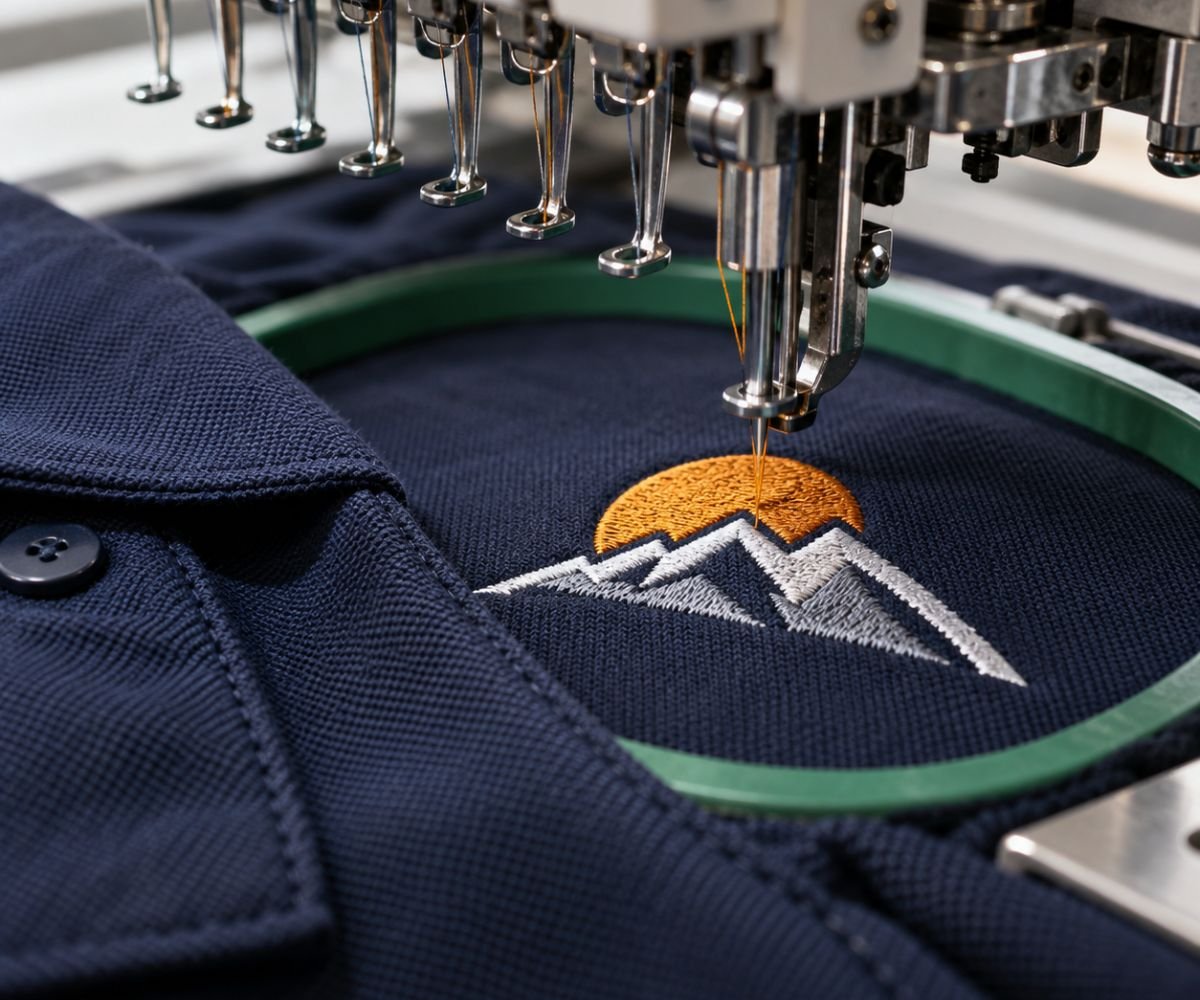 Close-up of logo embroidery on a custom uniform polo in Abu Dhabi