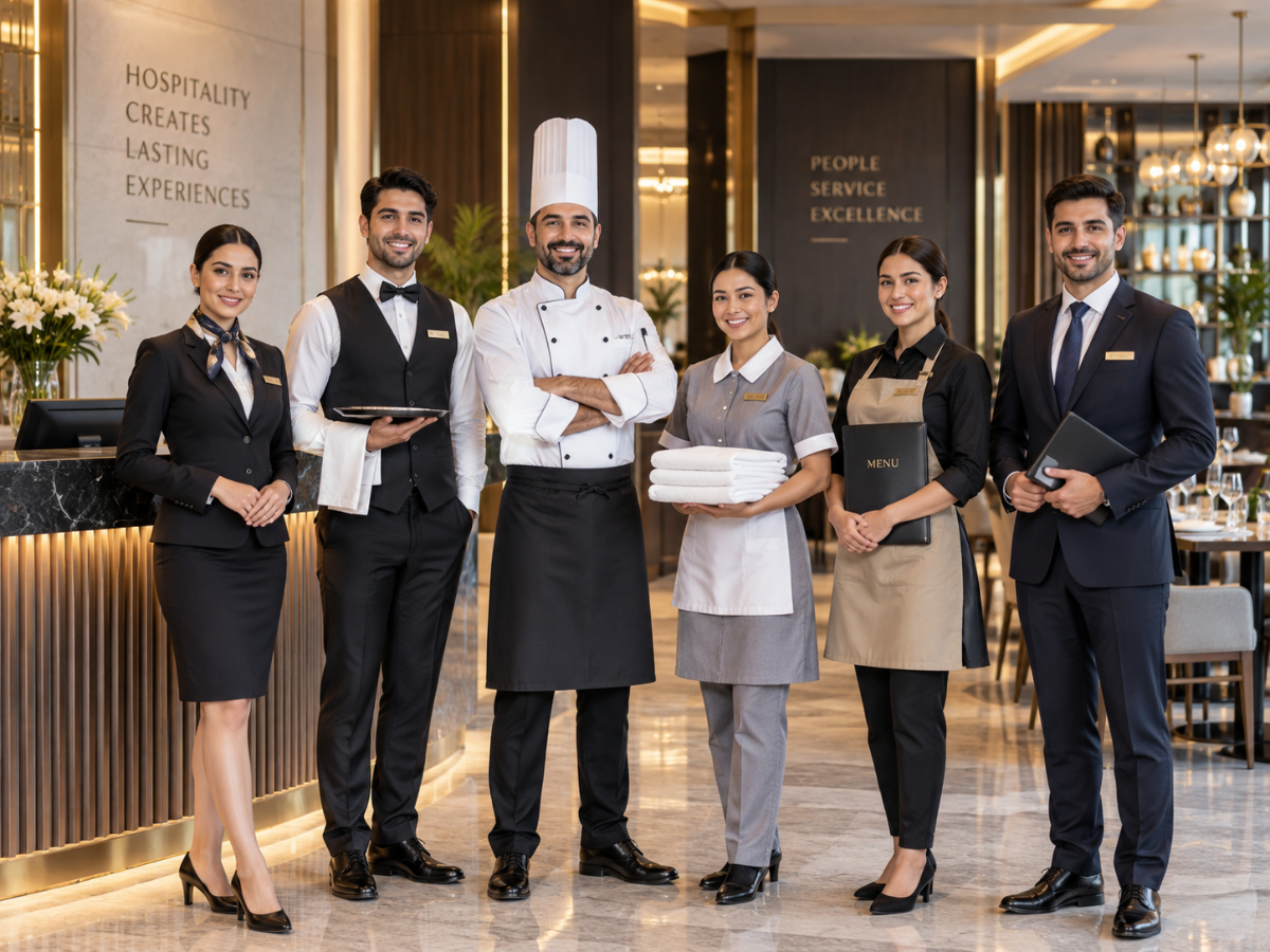 Hospitality team wearing coordinated uniforms in Abu Dhabi