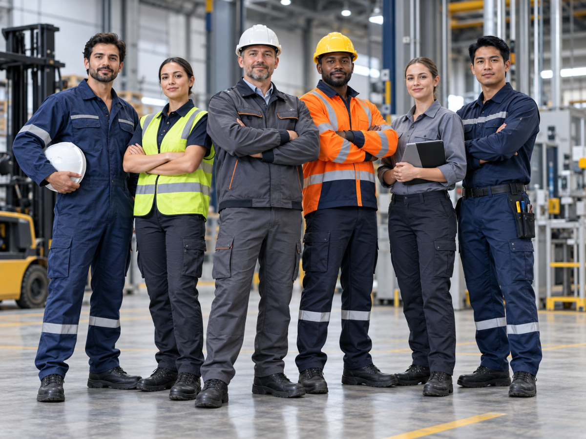 Industrial workwear team wearing coordinated uniforms in Abu Dhabi