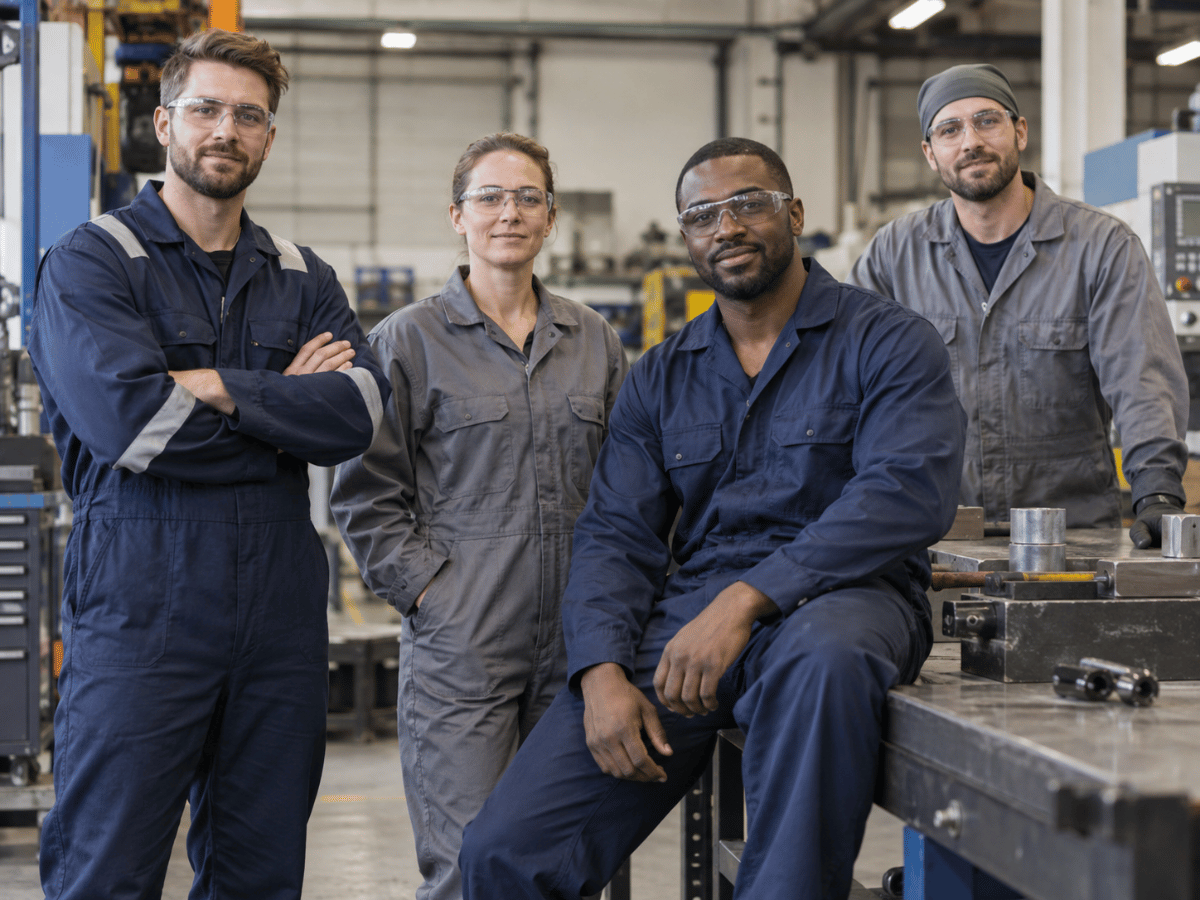 Industrial workers wearing navy and grey coveralls in a professional workshop