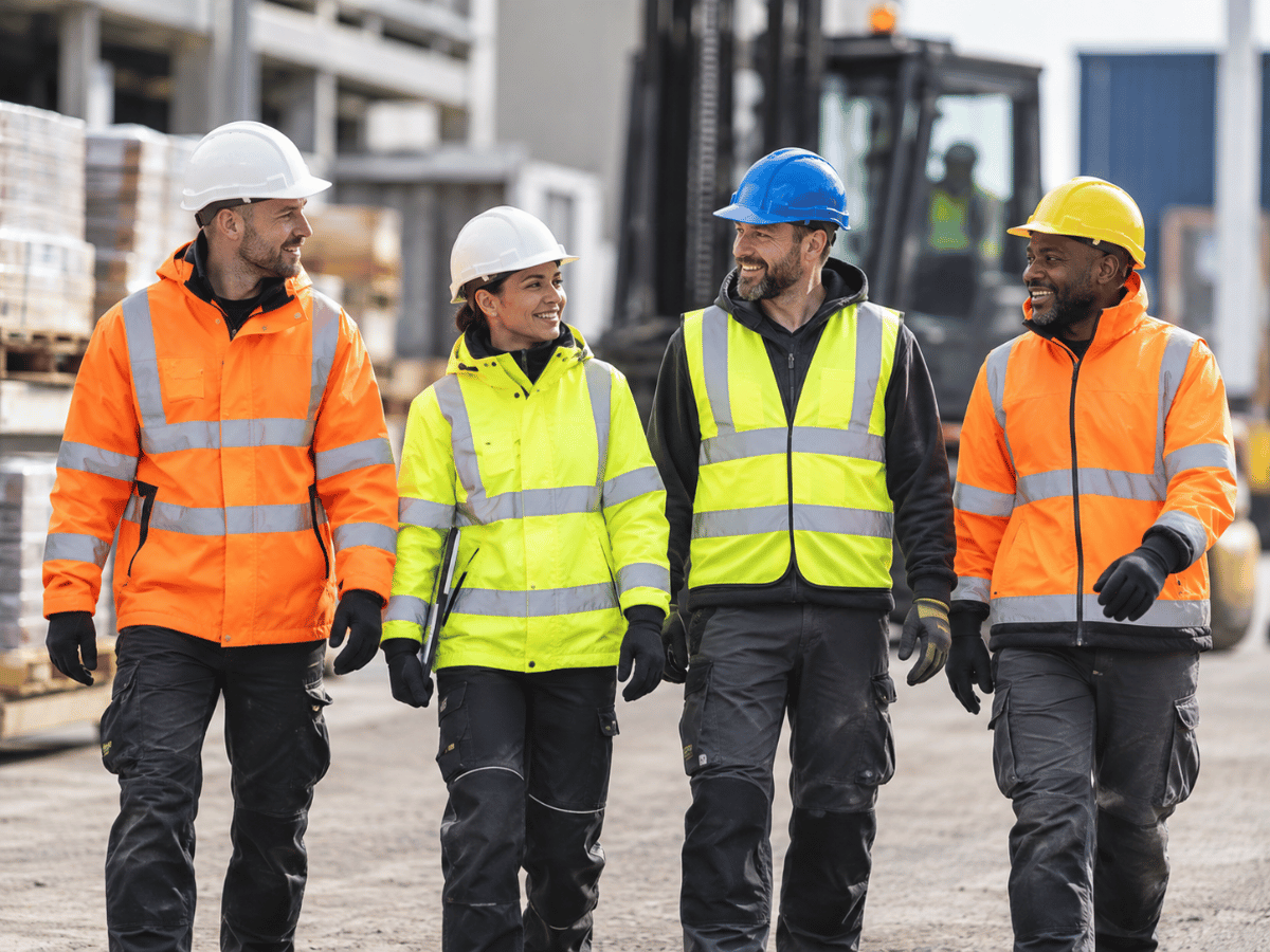 Workers wearing high-visibility jackets and safety vests in an industrial setting