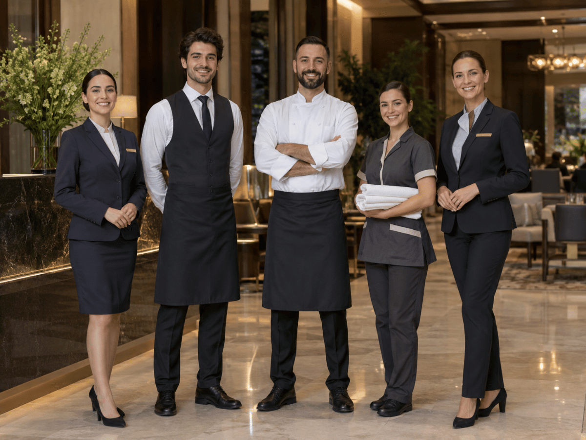 Coordinated hospitality staff uniforms across different departments