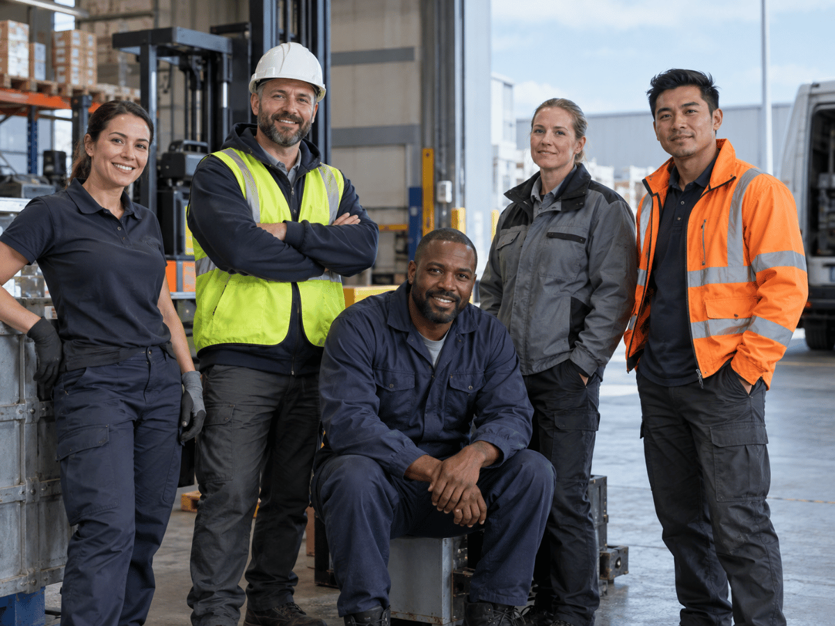 Operational workers wearing mixed industrial workwear in a warehouse setting
