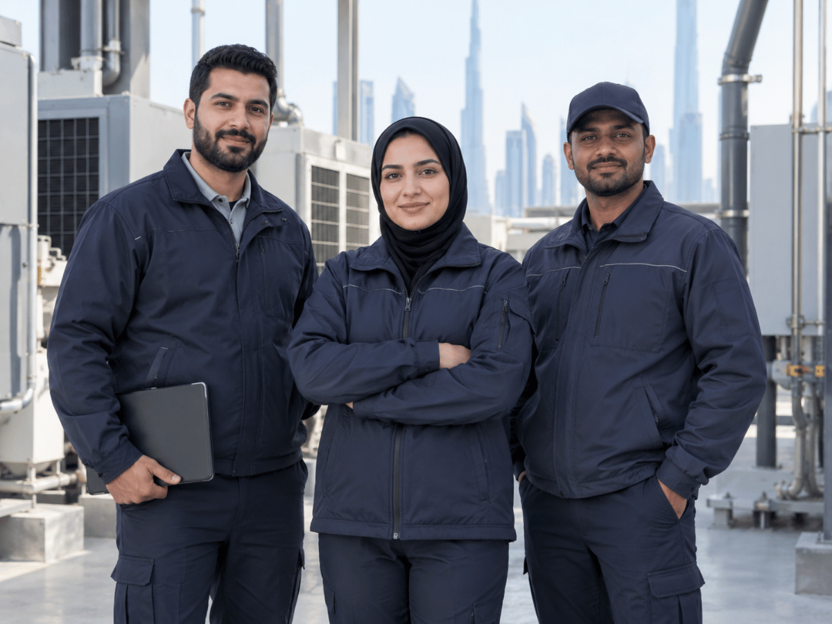 Operational staff wearing navy work jackets in a technical outdoor setting