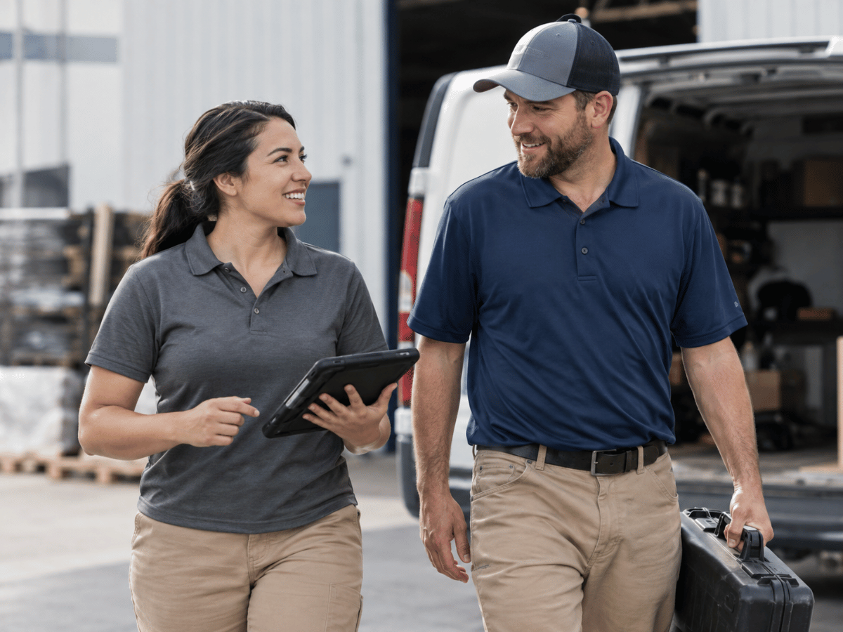 Operational staff wearing work polo shirts in a professional field setting