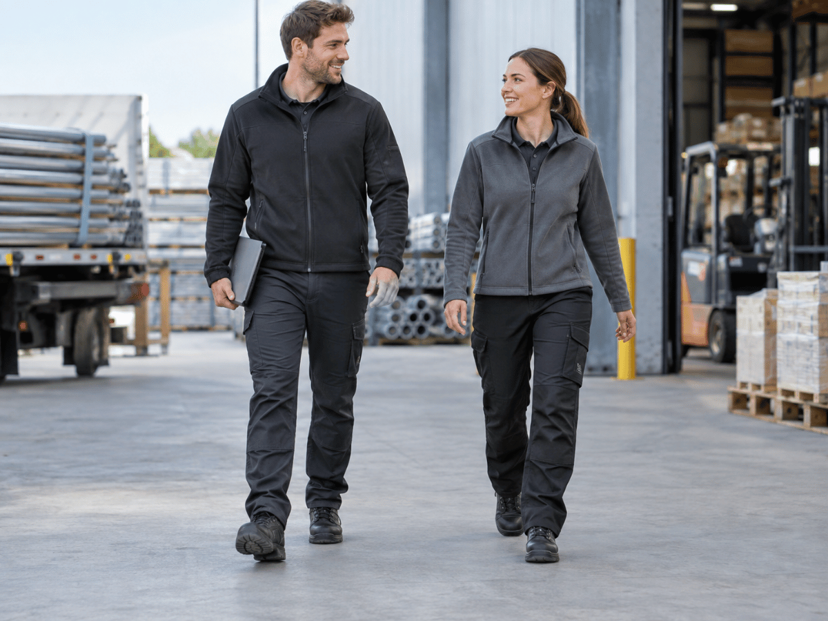 Two staff members wearing practical work trousers in a warehouse setting