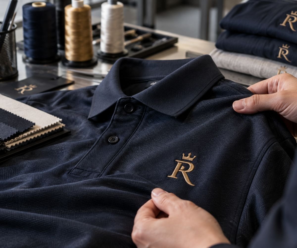 Close-up of embroidered branding on a custom uniform polo for ROYALFORMA in Abu Dhabi