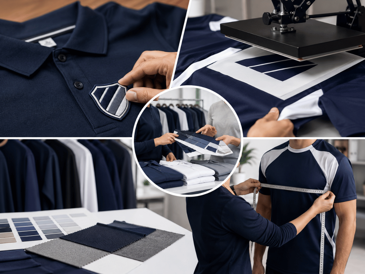 Uniform customization process showing embroidery, printing, colour selection and sizing