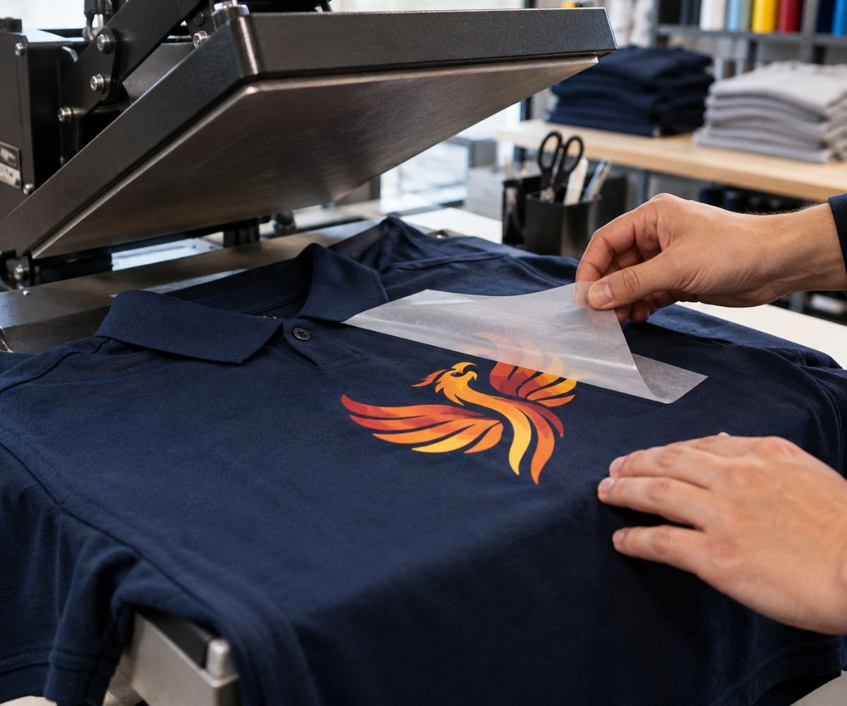 Uniform printing in progress on a professional polo shirt in Abu Dhabi