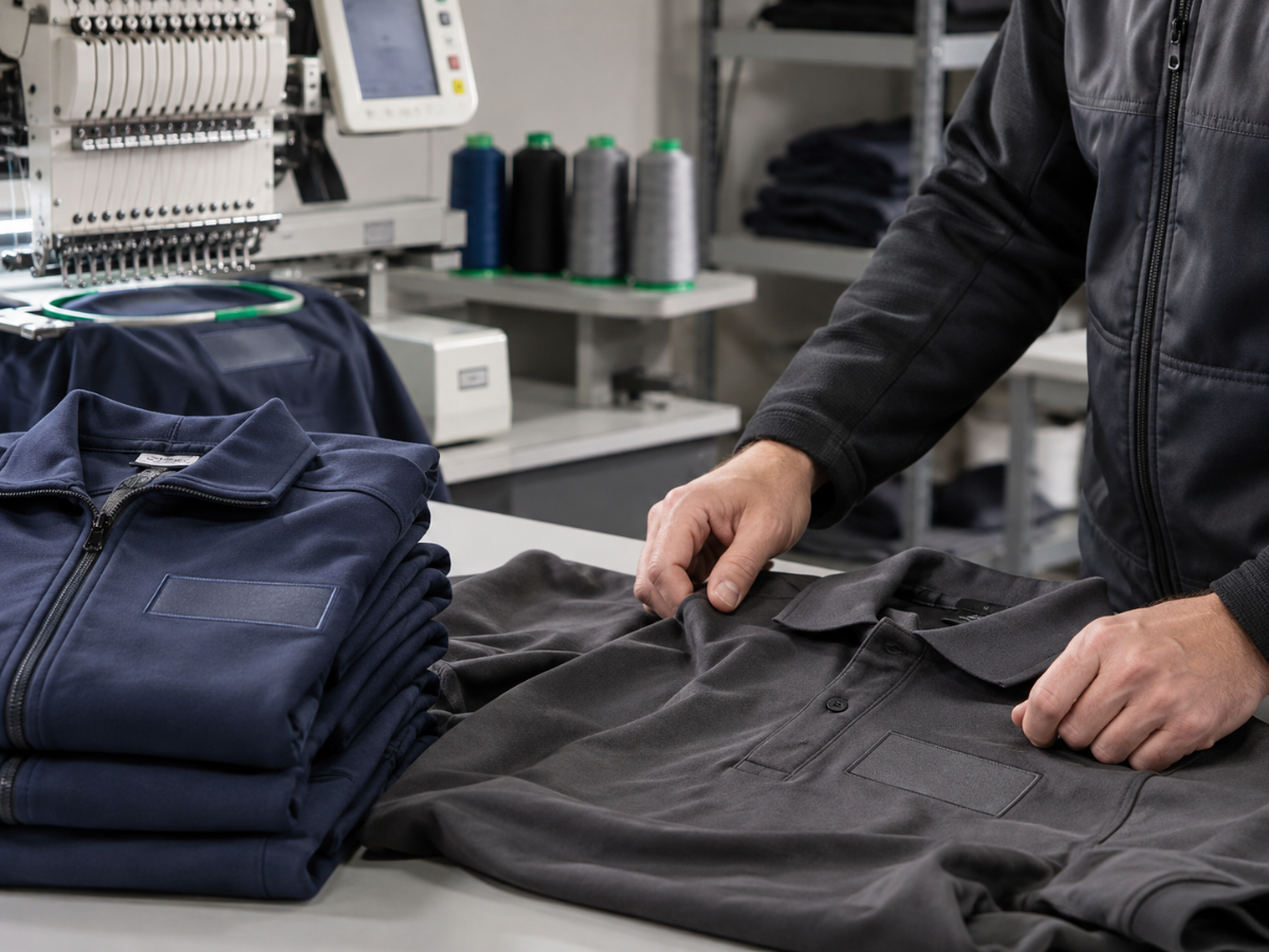 Close-up of branded workwear garments showing embroidery and printing detail for staff identification in Abu Dhabi