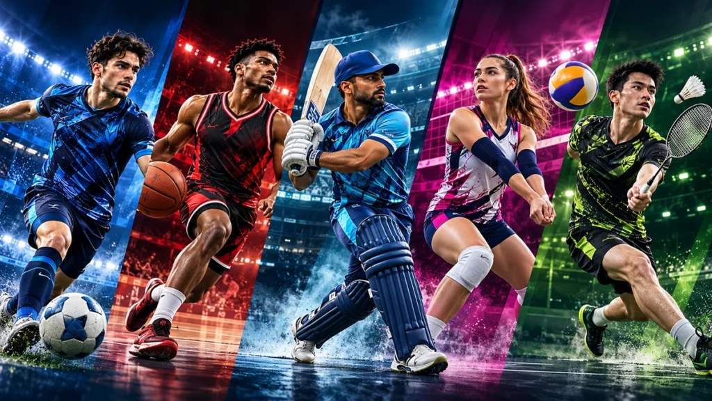 Five athletes wearing custom team kits for football, basketball, cricket, volleyball and badminton.